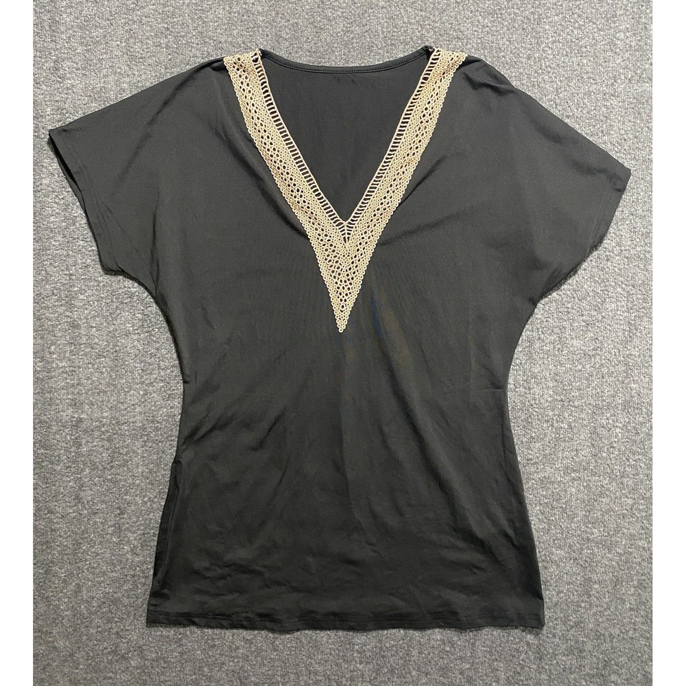 Women's Blouse Black Tunic Cotton Blend V-neck Crochet Accent Black Size M